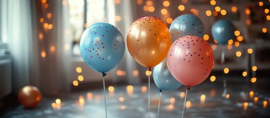 Festive confetti balloons in a room with warm lighting.