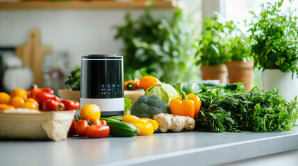 Ai grocery optimization assistant in modern kitchen with fresh vegetables and herbs for enhanced meal planning and nutrition