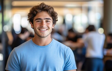 Fototapeta premium Young man smiling confidently in a modern workspace, showcasing positivity and approachability with a blurred background of busy individuals in a collaborative environment