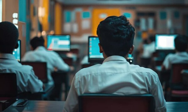Indian students wearing school uniforms participate in computer science lessons inside a classroom environment, engaging with technology and collaborating on various projects