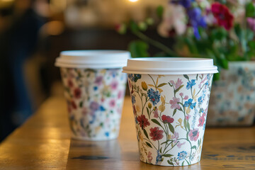 arrangement of floral print to go coffee cups on a rustic wooden table, infused with a vintage aesthetic