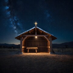 Obraz premium Wooden Stable at Dark Blue Starry Night, Jesus Christ Birth Concept
