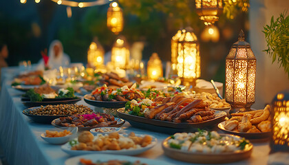 Arabic food table with multiple plates of different dishes, and traditional lanterns. Ai generative