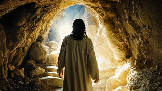 Jesus Christ emerges from his tomb, symbolizing hope and renewal through resurrection new life Easter holiday