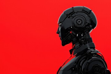 Fototapeta premium Black Robot Red Background Cyberpunk AI Technology