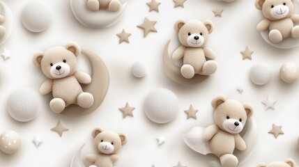 Teddy bears are perched on the moon, surrounded by glittering stars and boho elements in pastel hues on a white backdrop SEAMLESS PATTERN