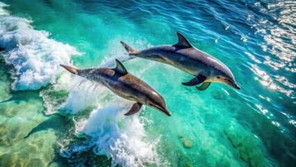 Obraz premium Oceanic ballet: bottlenose dolphins leap gracefully, a breathtaking aerial view of marine mammals.