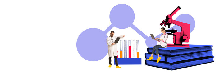 Two scientists analyzing test tubes and documents beside microscope stacked on oversized blue books...