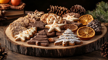 Fototapeta premium Assorted holiday cookies with star and tree shapes on rustic wooden background