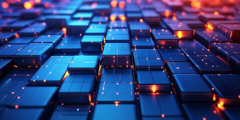 Fototapeta premium Abstract 3D rendering of interconnected blue cubes with glowing orange accents.