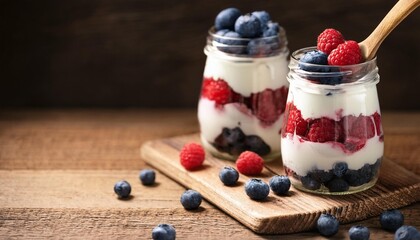 yogurt with berries on the board