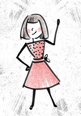 The student, a young girl in a red dress, stands, shows, talks. Child, student, study at school, doodle illustration by liner. Graphic illustration with a cute girl