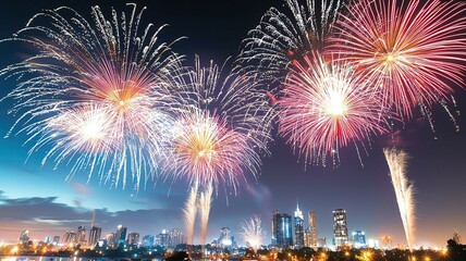 Fototapeta premium fireworks celebration night city with fireworks lighting up the sky and fireworks reflecting urban excitement ,fireworks cityscape night, urban fireworks celebration, colorful skyline fireworks