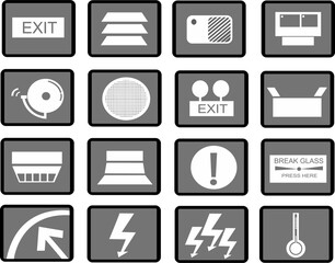 Vector illustration of fire resistant cable symbols, exit symbols, vents, alarm, emergency, light, fire alarm, detector, generator
