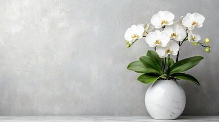 A modern and professional image showcasing a stylish vase filled with beautiful orchids elegantly centered on a marble dining table with clean lines and soft calming lighting