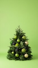 Green Christmas tree with a cohesive design of light and dark green ornaments, photographed in a studio with a striking lime background for a commercial look.