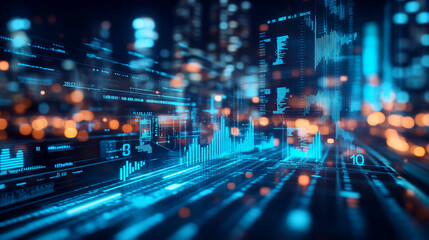 Dynamic digital cityscape featuring glowing data streams and vibrant lights at night