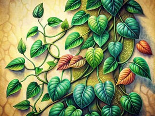 Hand-drawn botanical illustration of a climbing plant, featuring ivy vines and leaves in flat art style.