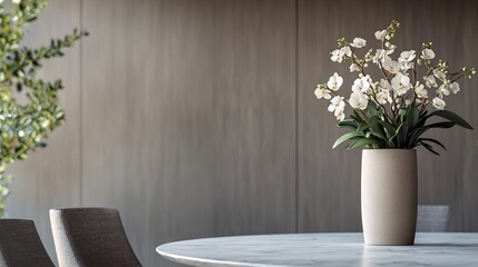 Beautifully centered modern vase of elegant orchid flowers on a clean minimalist marble dining table with soft lighting creating a refined and sophisticated home decor scene