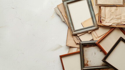 Fototapeta premium A vintage photo frame set with a nostalgic scrapbooking design, offering a top view display of antique photo frames, perfect for showcasing memories and creating a timeless decor element.