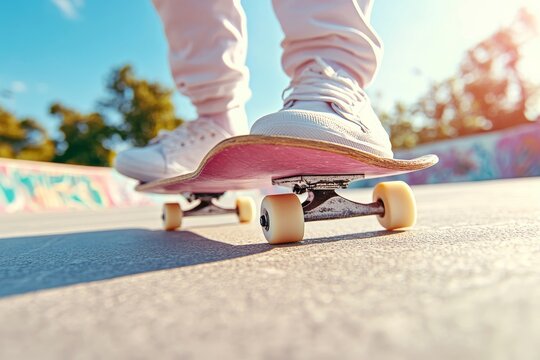 Teenagers skateboarding at an urban skatepark. Generative AI