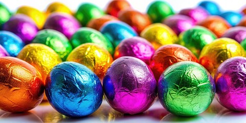 High-resolution photos of foil-wrapped Easter eggs, set against a clean white background, showcase festive spring decorations and food.