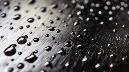 Close-up of Fresh Water Droplets on Dark Wooden Surface, Highlighting Natural Texture and Reflection