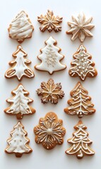 Fototapeta premium Gingerbread cookies with icing on light background, Christmas holiday concept