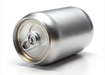 Miniature aluminum soda can, isolated on white, showcases tilt-shift photography's charming miniature effect.