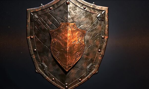 Rotating metal shield with medieval design isolated