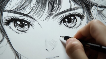 Fototapeta premium Close-up of hand drawing anime-style girl's face.