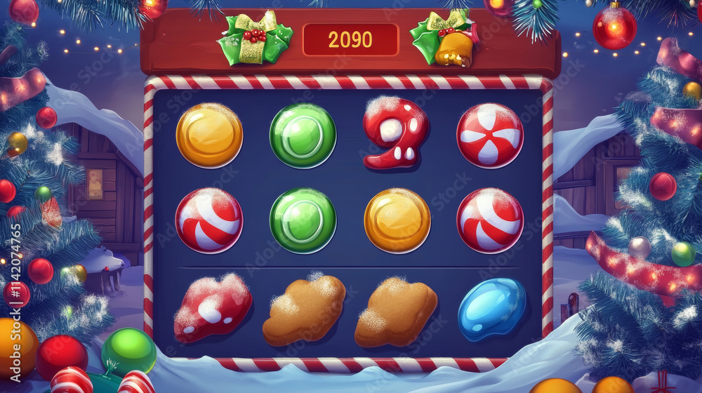 Poster christmas game ui button and frame winter element. candy and cookie play interface gui badge cartoon
