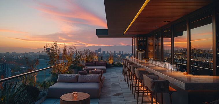 A rooftop bar, late afternoon, cozy atmosphere, and city light in the background.