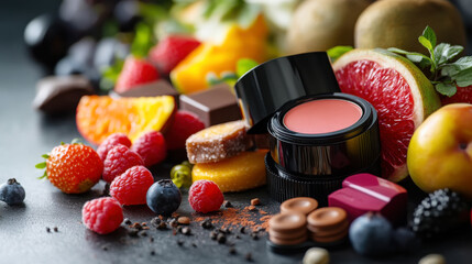 Gourmet inspired makeup collection with vibrant fruits and sweets for fresh sensations