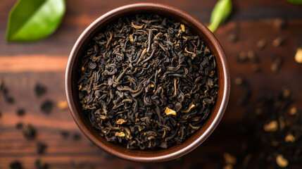 Bowl of Loose Black Tea Leaves on Wooden Background