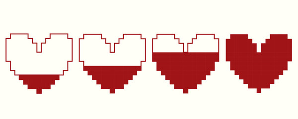 set of 4 8 bit red pixel hearts in retro style, flat vector illustration, perfect for your holiday background, textile, greeting card, wrapping, computer games
