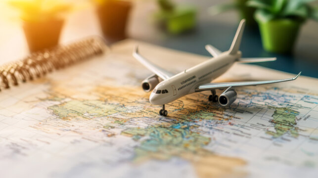 Model Airplane and Potted Plant on World Map