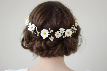 Naklejka premium bridal hair accessory featuring a pearl and crystal chamomile floral arrangement on a brunette bob hairstyle