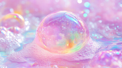 3d pink transparent soap ball realistic vector. Rainbow water bubble with foam texture. Magic iridescent sphere design of wash soapy element. Dream bokeh laundry illustration with sparkle isolated