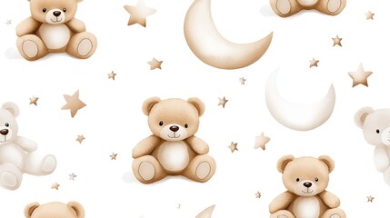 Soft pastel teddy bears sit among moons and stars, creating a delightful nursery art pattern in smooth watercolor style SEAMLESS PATTERN © lililia