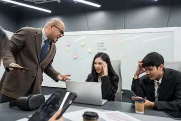 Asian business people team analyzing statistics financial. Group Team of ceo business man and woman Meeting Conference Discussion various topic. Executive professional managers Corporate in office.