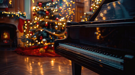 A black piano in a dark room illuminated by beautiful garlands. The keyboard is open, there are...