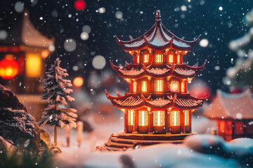 Fototapeta premium beautiful, red, pagoda, glowing, snow, serene, Lunar, New Year, evening, festive, lanterns, falling, snowflakes, peaceful, winter, illuminated, Chinese, cultural, traditional, symbolic, harmony, sceni