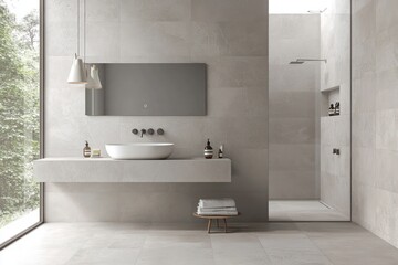 A minimalist contemporary bathroom featuring light gray walls, a wall-mounted sink, and large-format tiles for a spacious effect.