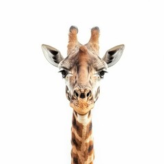 Giraffe is staring intently with its big brown eyes and long neck on a white background