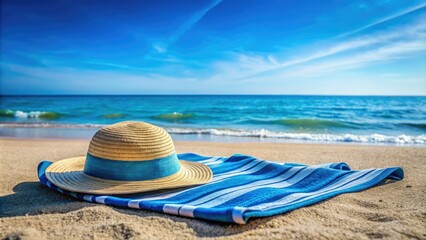 Obraz premium Sun-drenched beach, blue towel, wide-brimmed hat; coastal bliss captured in a perfect summer photo.