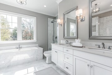 A minimalist monochromatic bathroom with soft gray walls, a white vanity, and modern bathroom fixtures for a clean design.