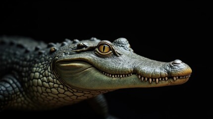 Fototapeta premium Close-Up of a Crocodile with Sharp Yellow Eyes on Black Background