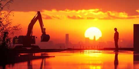 Fototapeta premium Construction worker overseeing excavator at sunset with beautiful orange sky and reflective surface showcasing urban skyline backdrop