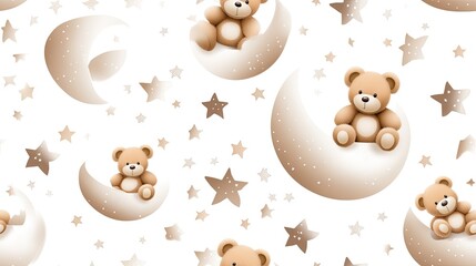 Soft pastel teddy bears sit among moons and stars, creating a delightful nursery art pattern in smooth watercolor style SEAMLESS PATTERN